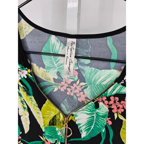 Per Seption Concept Womens Sz L Sleeveless Blouse Tropical Print Zip Front - Picture 3 of 4